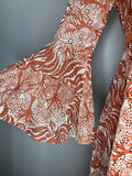 1970s Bell Sleeve Print Maxi Dress in Orange - Size UK 10