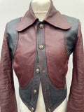 zinaldi  XS  womens  vintage  stitch detailing  stitch detail  retro  red stitching  Navy  Mens jacket  mens  long sleeve  leather stitch  Leather Jacket  Leather Coat  Leather  cropped  collar  button down  button  burgundy  big collar  Beagle collar  70s  60s  1970s  1960s  12