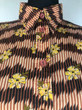 womens  vintage  top  stripes  multi  floral print  dagger collar  brown  blouse  70s  1970s  12