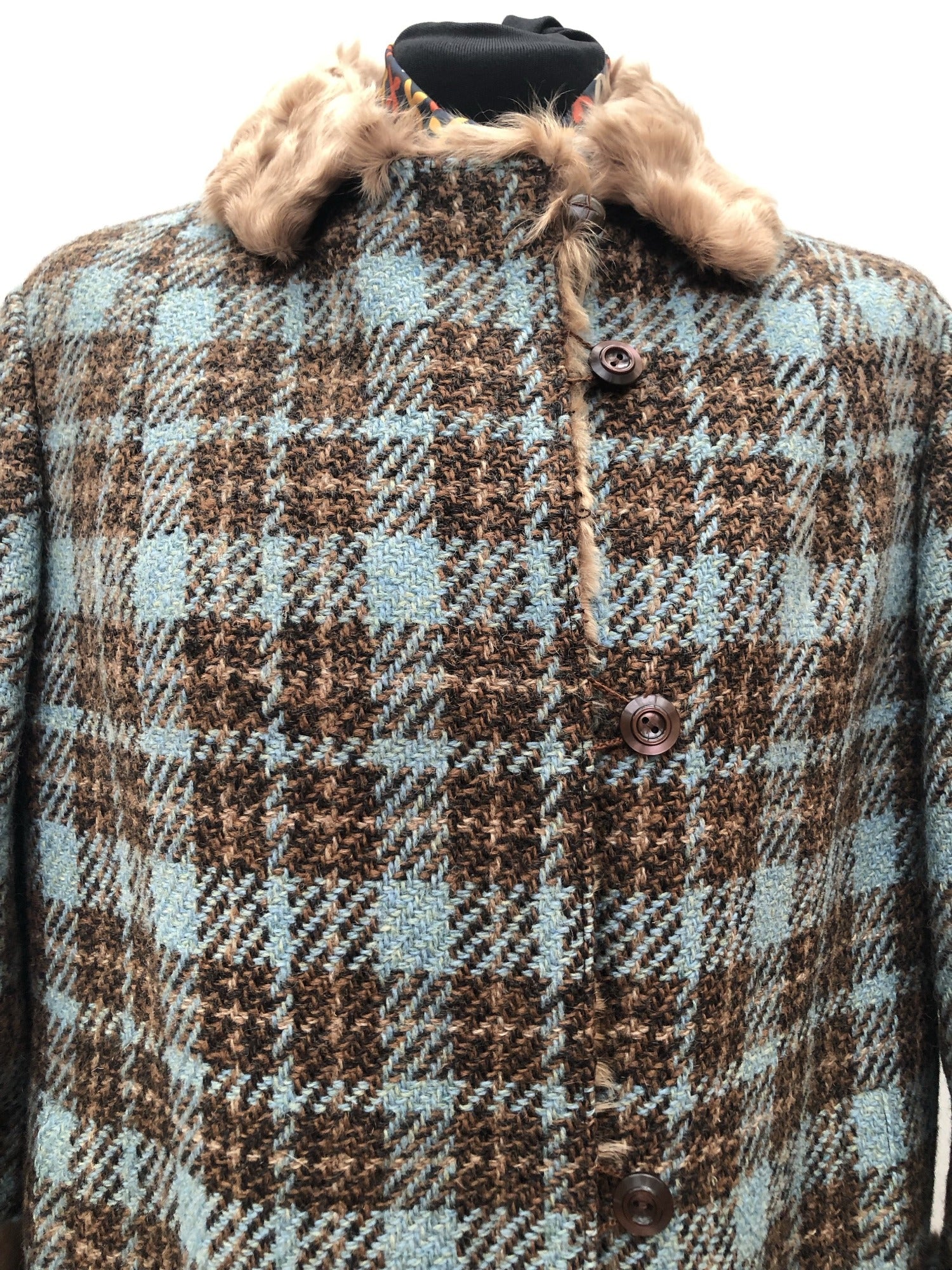 womens  Winter Coat  vintage  Urban Village Vintage  urban village  sheepskin collar  Sheepskin  pockets  Jacket  coat  check  blue  60s  1960s