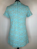 womens  vintage  Urban Village Vintage  round neck  psychedelic  patterned dress  patterned  MOD  mini dress  micro mini  lurex  gold lurex  floral dress  dress  decorative pockets  decorative buttons  blue  back zip  60s  1960s