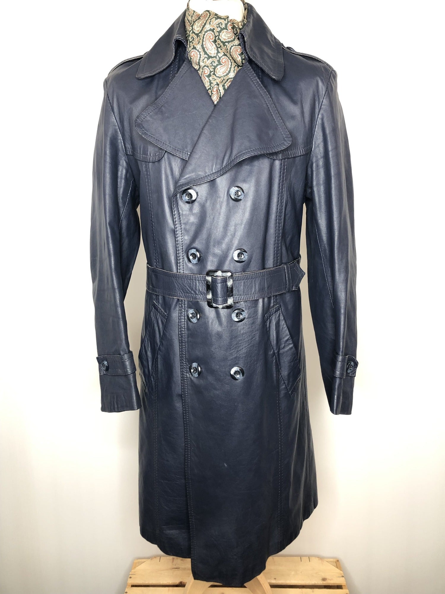 Windsor Leatherwear  waist belt  vintage  Urban Village Vintage  pockets  mens  M  long sleeve  Leather Jacket  Leather Coat  Leather  Jacket  blue  70s  1970s