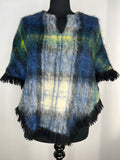 Vintage 1970s Mohair Wool Short Tartan Fringed Cape Poncho in Blue - Size S