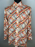 vintage  Urban Village Vintage  urban village  Shirt  red  printed shirt  printed  print  pointed collar  orange  MOD  Mens Shirts  mens  long sleeves  Long sleeved top  long sleeve  large  L  dagger collar  button  70s  1970s