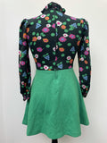 womens shirt  womens  vintage  Urban Village Vintage  urban village  summer dress  summer  ruffle  retro  MOD  midi dress  midi  long sleeves  Long sleeved top  long sleeve  high neck  Green  floral print  floral lining  floral dress  floral  dress  decorative buttons  Cotton  back zip  8  70s  60s  1970s  1960s