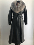 womens  vintage  Urban Village Vintage  urban village  sheepskin collar  retro  long sleeve  long length coat  long length  Leather Jacket  Leather Coat  Leather  grey sheepskin  fully lined  collar  button fastening  button  Black Leather  black  70s  1970s  10