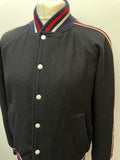 white stripes  white  vintage  varsity  Urban Village Vintage  retro  Red  press stud fastening  Navy Jacket  Navy  Mens Bomber jacket  mens  M  Jacket  indigo  elasticated  denim  bomber jacket  bomber  blue