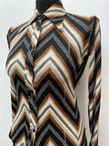 zig zag  womens  vintage  Urban Village Vintage  urban village  summer blouse  Stripes  shirt  nylon  long sleeve  hukap  disco  dagger collar  collar  chevron stripe  chevron  button front  button  brown  blouse  black  big collar  70s  1970s