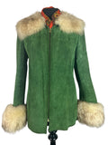 Vintage 1970s Penny Lane Shearling Zip Front Coat in Green Suede - Size UK 10