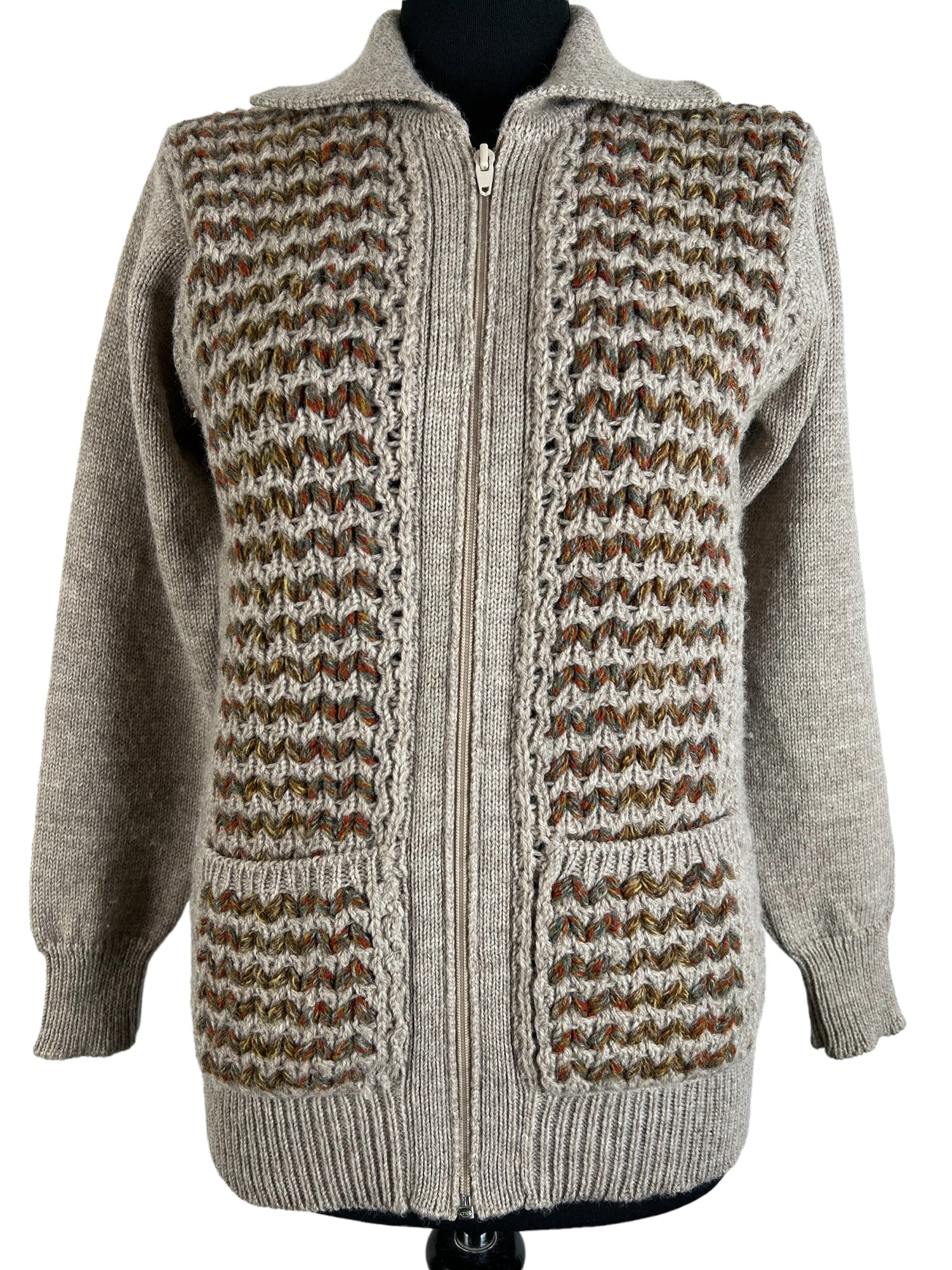 Vintage 1970s Knit Patterned Wool Zip Front Collar Cardigan by Welsh Country Knitwear Size UK 10 10