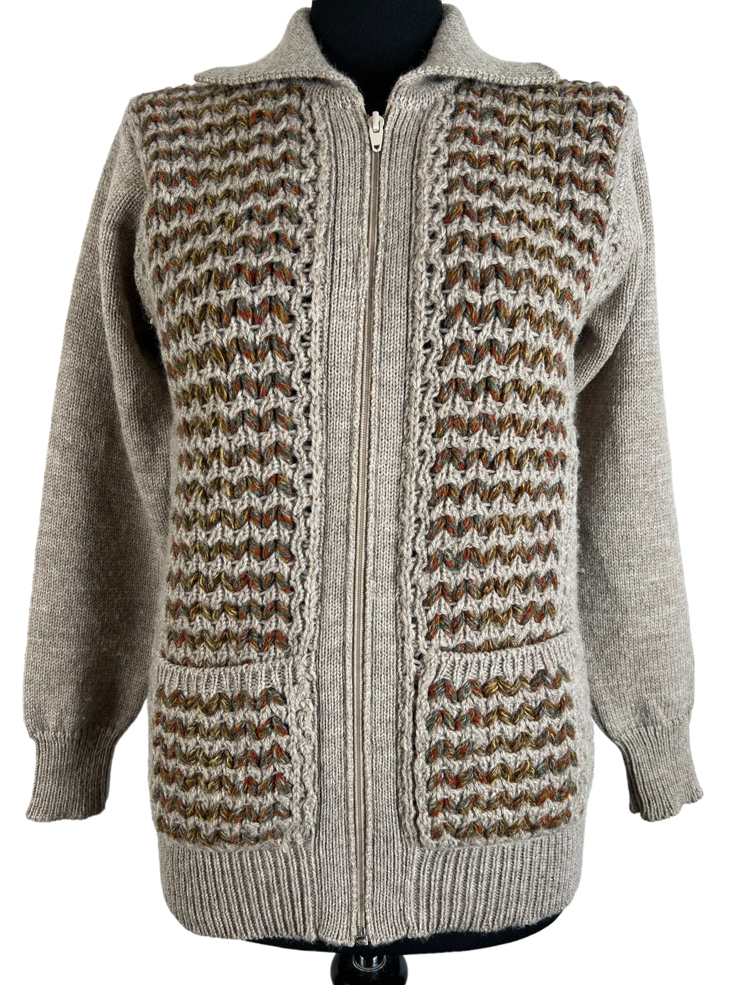 zip front  Wool  womens  Welsh Country Knitwear  vintage  Urban Village Vintage  urban village  UK  style  pure wool  pure new wool  pockets  ladies  knitwear  knitted  knit pattern  knit  fashion  collared  collar  clothing  clothes  cardigan  cardi  button  brown  birmigham  belted  beige  autumnal  autumn  70s  1970s  10