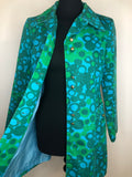 womens jacket  womens coat  womens  vintage  Urban Village Vintage  urban village  retro  psychedelic  psych  long length coat  green  coat  circle print  button front  blue  60s  1960s  10