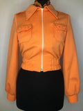 womens  vintage  two piece  trousers  top  suit  set  orange  mod  matching set  Jacket  high waisted  flares  Dawn Breakers  Dana Mckinnon  dagger collar  cropped jacket  balloon sleeve  8  70s