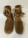 woodstock  womens  vintage  Urban Village Vintage  urban village  suede fringing  Suede  moccasin  Minnetonka  lace up  hippy  hippie  fringed  festival  brown  boots  boho  bohemian  ankle boots  ankle  60s style  60s  60  4  1960s  1960