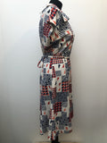 womens  white  vintage  Urban Village Vintage  square print  square pattern  square neck  red  midi dress  midi  Eastex  dress  collar  blue  70s  70  1970s  14