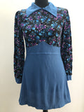 zip back  womens  vintage  Urban Village Vintage  summer  short dress  MOD  mini dress  long sleeved  floral print  dress  decorative buttons  collared  boho  blue  60s  1960s  10