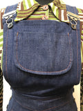 womens  vintage  Urban Village Vintage  red stitching  long sleeve  dungaree dress  dress  denim  brown  blue  8  70s  6  1970s