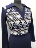 womens  vintage  V-Neck  printed  Navy  knit dress  fit and flare  dress  Collar  Blue  70s  1970s  10/12