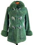 Rare Vintage 1970s Suede Shearling Duffle Toggle Coat in Green - Size UK 8