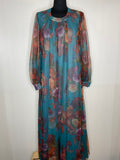 1970s Teal Floral Print Chiffon Overlay Maxi Dress - UK 10