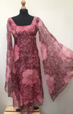 1970s Huge Angel Sleeve Floral Print Maxi Dress - Pink - Size 6