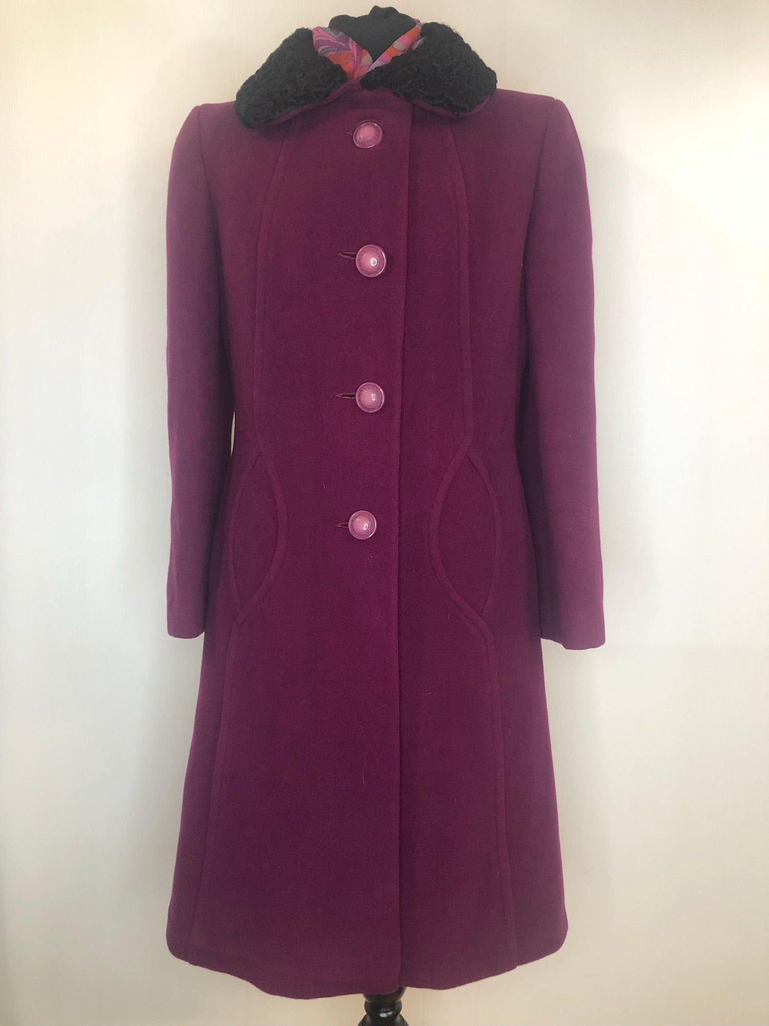 1960s Astrakhan Collar Coat by Morvic in Purple Size UK 12