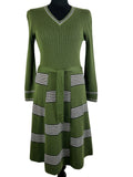 Vintage 1970s Long Sleeve Knitted Stripe Pattern Belted Dress in Green - Size UK 8