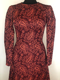 womens  vintage  Urban Village Vintage  tie back belt  retro  red  print dress  paisley print  MOD  maxi  long sleeved  dress  70s  70  1970s  10