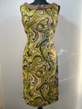Vintage 1960s Psychedelic Paisley Print Cowl Neck Dress in Brown and Green by Sid Greene - Size UK 14