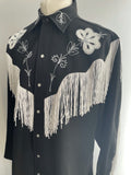 xl  white embroidery  western wear  western shirt  western  vintage  Urban Village Vintage  urban village  Ranchwear  press stud fastening  press stud  pearl snap fastening  pearl snap  pearl button  mens  hearc  floral trim  floral embroidery  floral  embroidery detail  embroidery  embroidered pattern  Embroidered  collared  collar  California Ranchwear  black  big collar  70s  1970s