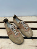 womens  vintage  Stripes  shoes  pumps  light brown  leather trim  Leather  laces  lace up  lace  flat  brown  belted dress  70s  7  1970s
