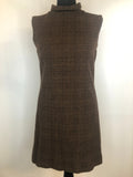 womens  vintage  roll neck  retro  print dress  MOD  high neck  fully lined  dress  checkered  check  brown  8  60s  1960s