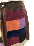 womens  vintage  Urban Village Vintage  urban village  tan  Suede  skirt  press stud fastening  press stud  patchwork  multi  mini  brown  60s  60  1960s  1960