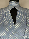 womens  white  vintage  short sleeve  print dress  polka dot  maxi dress  keyhole neckline  high neck  dress  blue  angel sleeve  8  70s  1970s