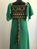 womens  vintage  Urban Village Vintage  tie back belt  retro  print dress  MOD  green  dress  beading detail  aztec print  70s  70  1970s  10