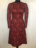 womens  vintage  Urban Village Vintage  tie back belt  retro  red  print dress  paisley print  MOD  maxi  long sleeved  dress  70s  70  1970s  10