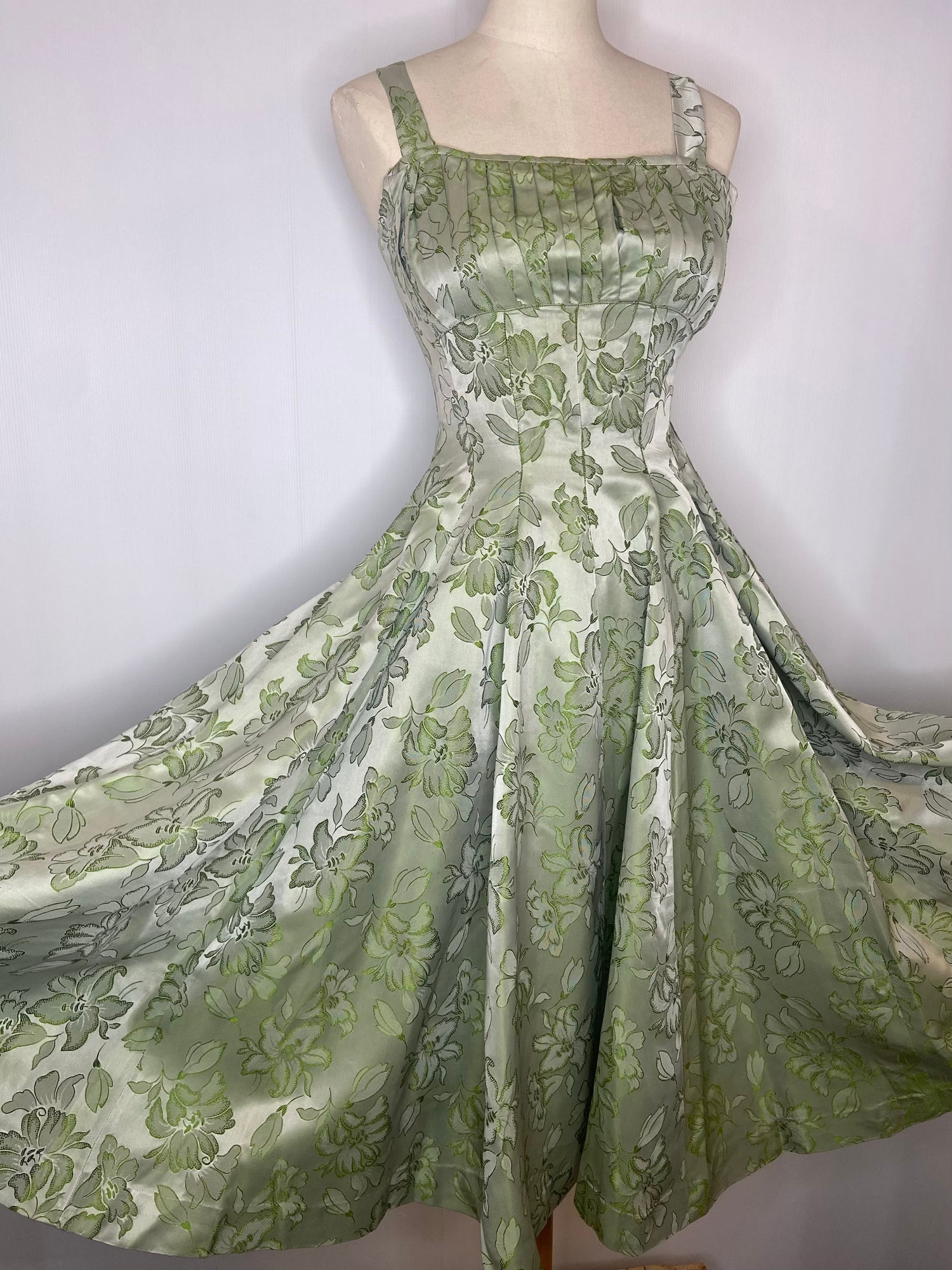 1950s Full Skirt Strappy Satin Dress in Sage Green - Size 6 - Urban Village Vintage UrbanVillageVintage 1950s Full Skirt Strappy Satin Dress in Sage Green - Size 6 - Urban Village Vintage UrbanVillageVintage