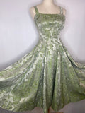 1950s Full Skirt Strappy Satin Dress in Sage Green - Size 6