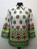womens  wide sleeve  white  vintage  top  multi  Indian Print  green  floral print  flare sleeve  ethnic print  dagger collar  blouse  70s  1970s  12