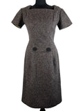 Vintage 1960s Fitted Knee Length Tweed Mod Dress in Grey and Pink - Size UK 8