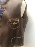 XL  wooden buttons  Waistcoat  vintage  vest  mens  leather stitch  Leather detailing  leather braiding  Leather  Jacket  Gilet  brown leather  Brown  60s  1960s Urban Village Vintage