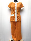 vintage 60s 1960s mod suit set trousers flared wide leg top tunic short sleeved orange white rare urban village womens clothing