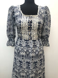 womens  white  vintage  Urban Village Vintage  summer dress  printed dress  pleat detail  maxi dress  long dress  ethnic print  decorative buttons  crochet trim  blue  8  70s  1970s