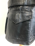vintage  Urban Village Vintage  urban village  swear and wells  safari  s  pockets  mens  long sleeve  Leather Jacket  Leather  front pockets  chest pockets  Black Leather  Black Jacket  black  Belted waist  belted jacket  belted  belt  70s  1970s