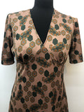 Vintage 1970s Angel Sleeve Paisley and Hexagon Print Dress in Brown and Green - Size UK 10