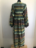 womens  vintage  Urban Village Vintage  print dress  print  multi  maxi dress  long sleeve  green  dress  button front  balloon sleeves  balloon sleeve  70s  1970s  10