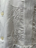 white  vintage  Urban Village Vintage  urban village  summer  short sleeved  short sleeve  retro  mens  M  lightweight  guayabera  embroidery detail  embroidered pattern  Embroidered  dagger collar  cuban  big collar  50s  50  1950s
