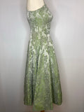 womens  vintage  urban village  swing dress  strappy. fitted  satin  rockabilly  retro  pleated. evening  party  midi dress  midi  green  glamorous  glam  full skirt  full circle  fitted waist  fit and flare  dress  cocktail  clothing  brocade