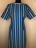 womens  vintage  Urban Village Vintage  Stripes  round neck  MOD  mini dress  front zip fastening  dress  decorative buttons  crochet trim neckline  blue  60s  1960s  12
