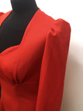 womens  vintage  Urban Village Vintage  sweetheart neck  ruched shoulders  ruched detail  red  pleat detail  mini dress  long sleeve  flare sleeve  evening dress  dress  button front  blue  70s  70  60s  1970s  1960s  10